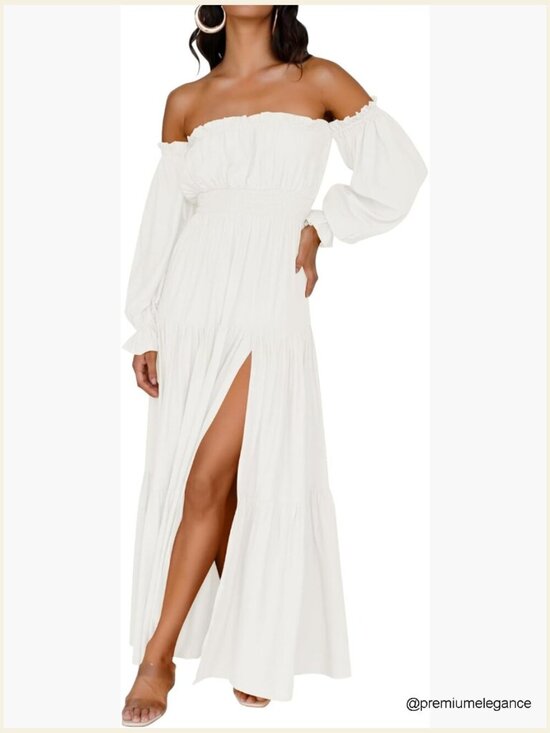 Dresses & Skirts - Off Shoulder Flowy Maxi Dress Side Slit Elastic Waist Long Sleeve